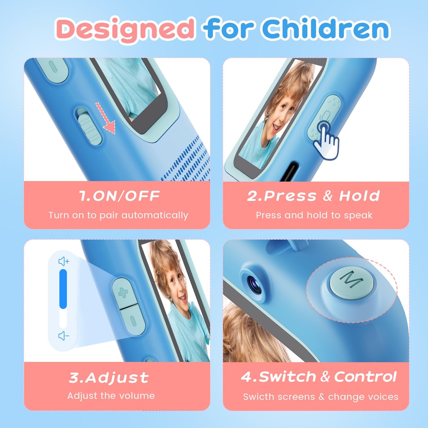 Handheld children communication gadgets featuring simple push to talk side button layouts