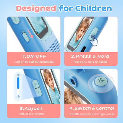 Handheld children communication gadgets featuring simple push to talk side button layouts