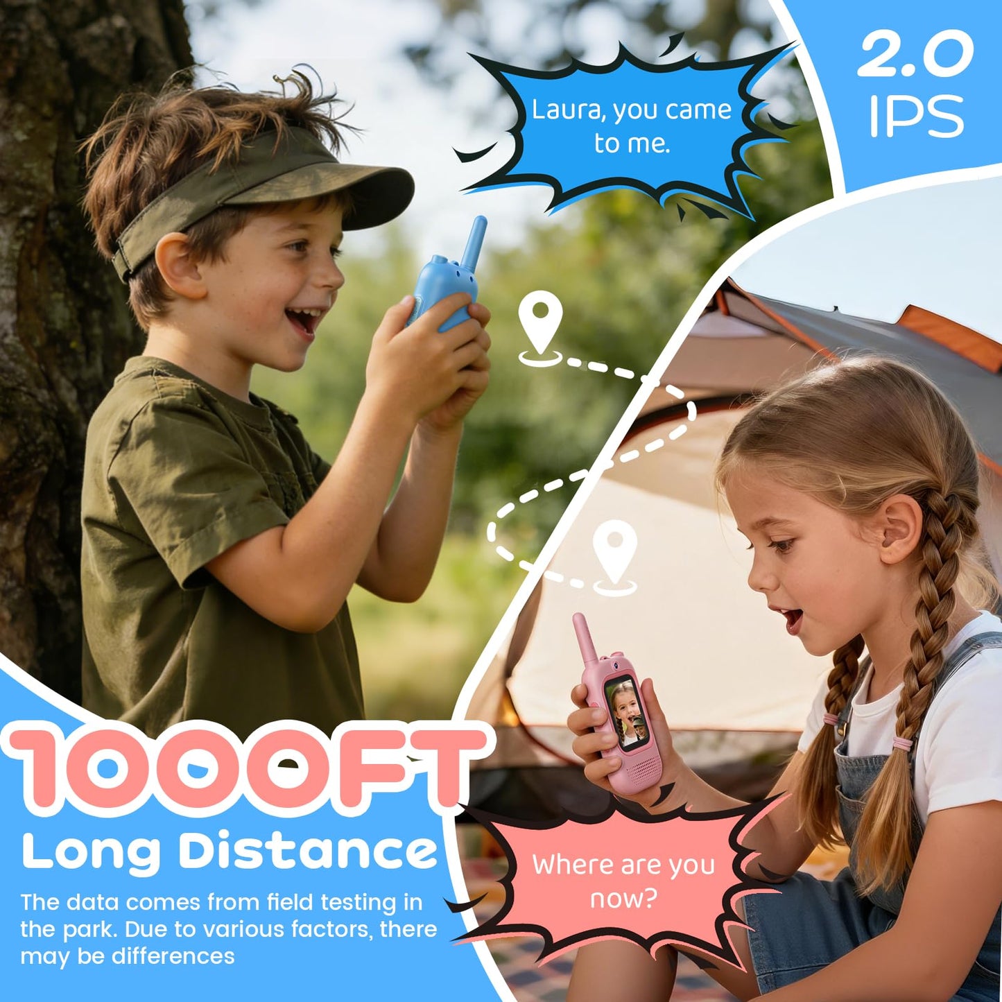 Rechargeable kids walkie talkie back panel showing secure built in belt clip designs