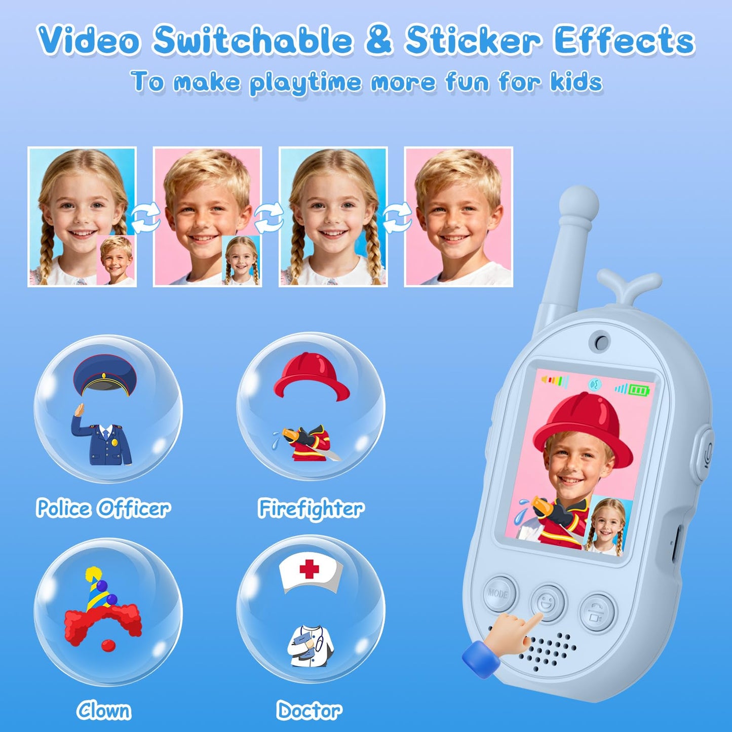 Two pack rechargeable two way radios with built-in camera displaying live video chat on screen
