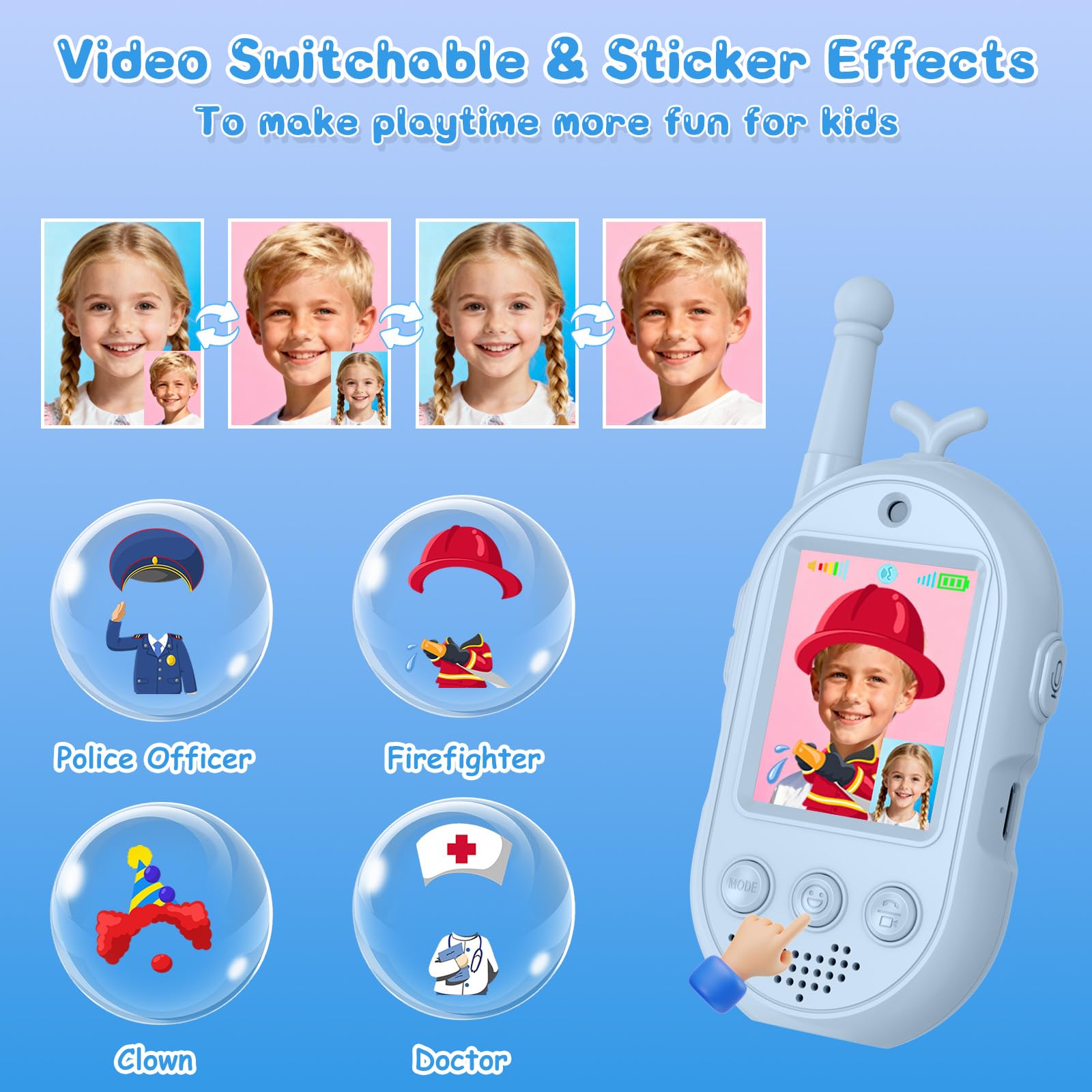 Two pack rechargeable two way radios with built-in camera displaying live video chat on screen