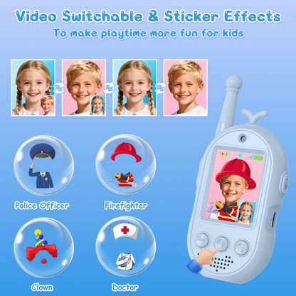 Two pack rechargeable two way radios with built-in camera displaying live video chat on screen