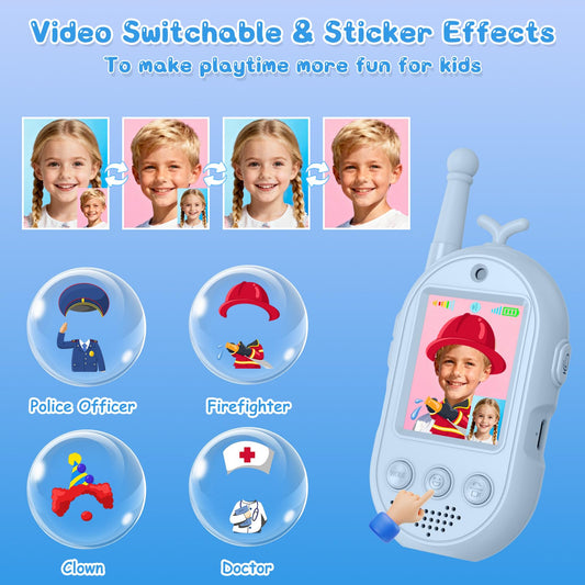 Two pack rechargeable two way radios with built-in camera displaying live video chat on screen