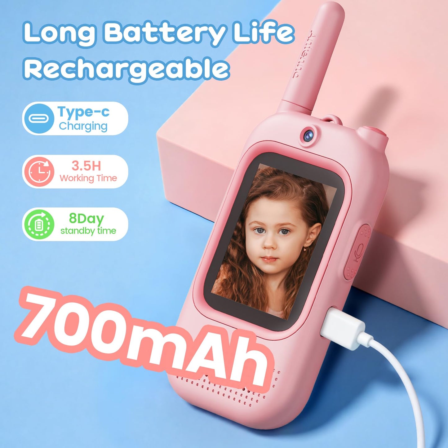 Pink and blue smart video walkie talkies displaying modern USB-C charging port details