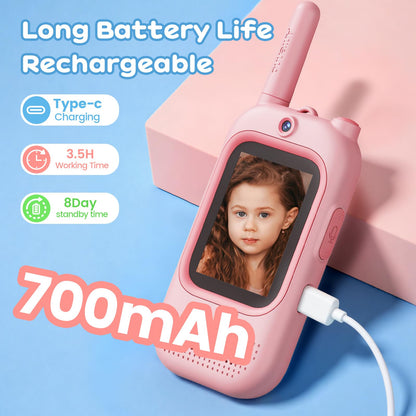Pink and blue smart video walkie talkies displaying modern USB-C charging port details