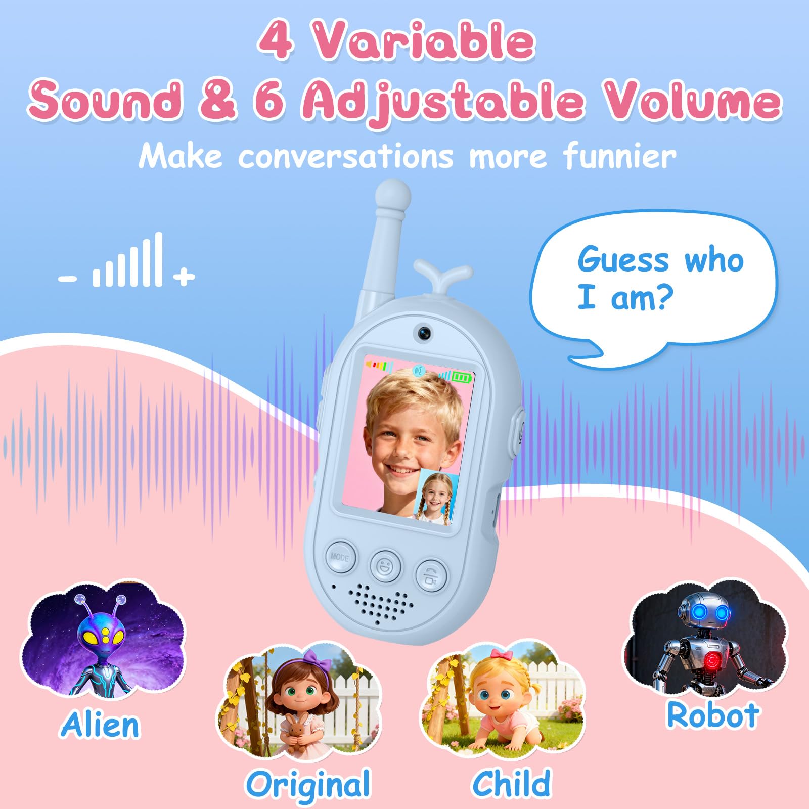 Pink and blue digital walkie talkies displaying the interactive menu with voice changer effects