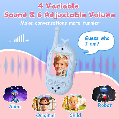 Pink and blue digital walkie talkies displaying the interactive menu with voice changer effects