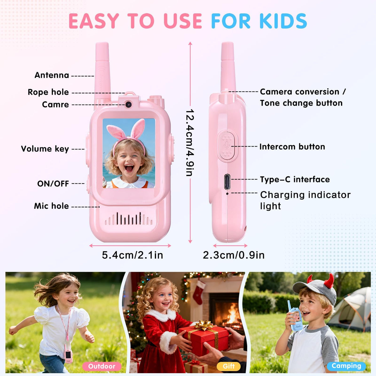 YUSSBCU interactive children intercom toy set displaying the built-in camera lens and ergonomic buttons.
