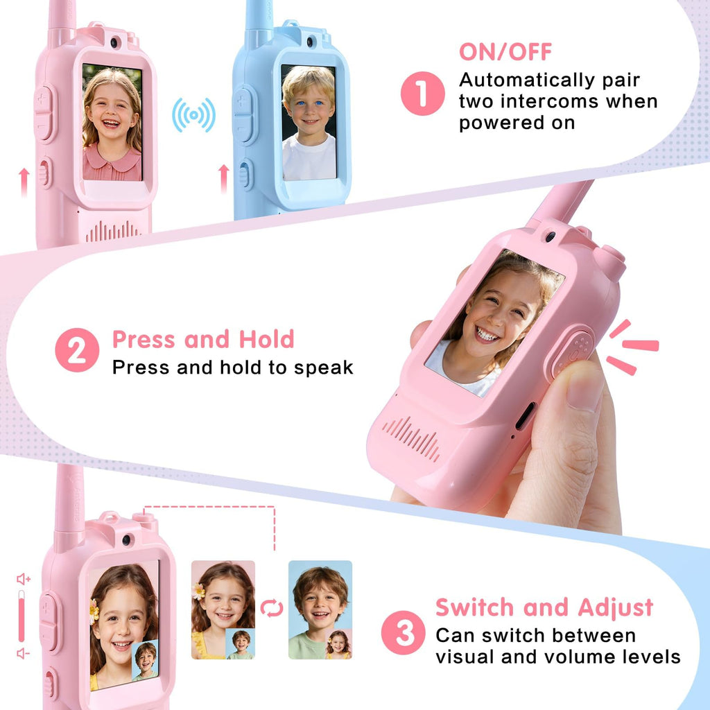 YUSSBCU rechargeable toy walkie talkies highlighting the Type-C charging port on the bottom of the unit.