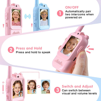 YUSSBCU rechargeable toy walkie talkies highlighting the Type-C charging port on the bottom of the unit.