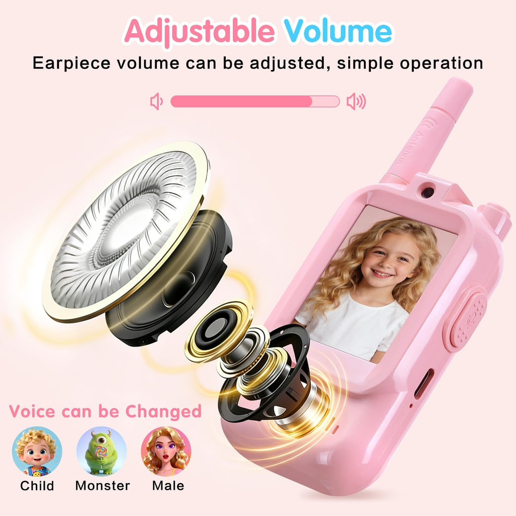YUSSBCU smart video walkie talkie units showcasing the integrated flashlight feature illuminated in a dark setting.