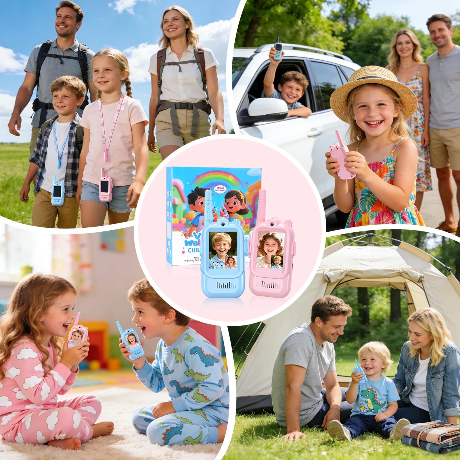 YUSSBCU kids smart video transmitter package contents including the blue and pink devices with charging cables.