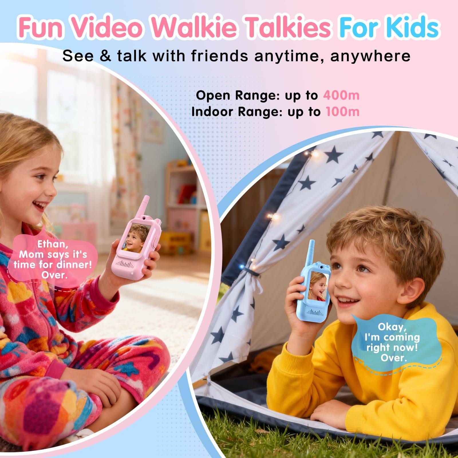YUSSBCU authentic imported kids walkie talkie pack being held by a user to demonstrate its compact child-friendly scale.