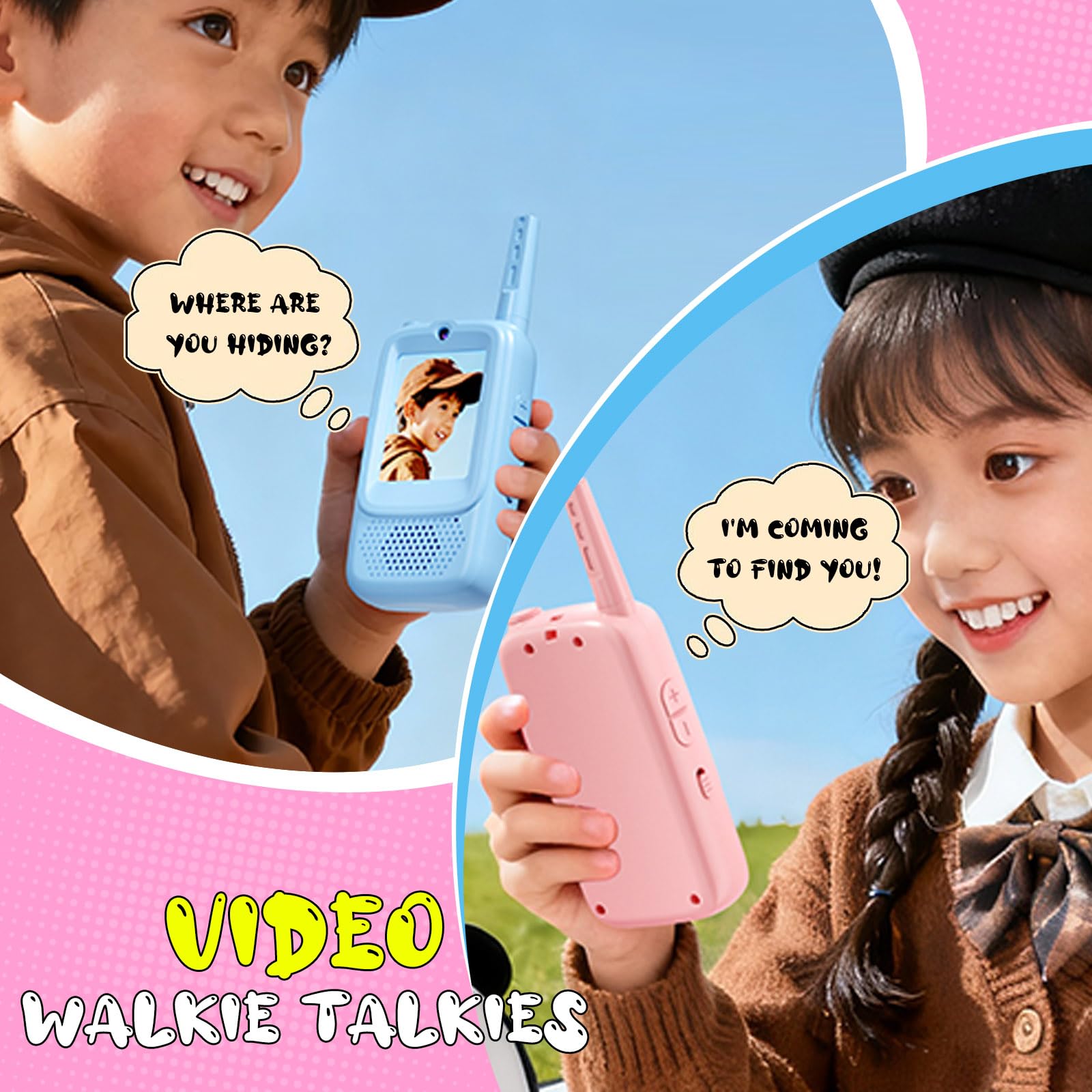 Two pack rechargeable kids walkie talkies with built in HD camera lenses and control buttons
