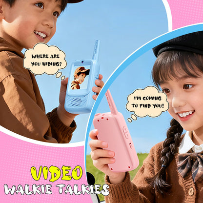 Two pack rechargeable kids walkie talkies with built in HD camera lenses and control buttons