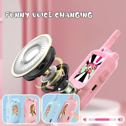 Kids smart interactive walkie talkies displaying the voice changer menu interface screen