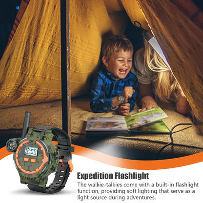Children wearing the camouflage interphone watches on their wrists while playing an outdoor adventure game