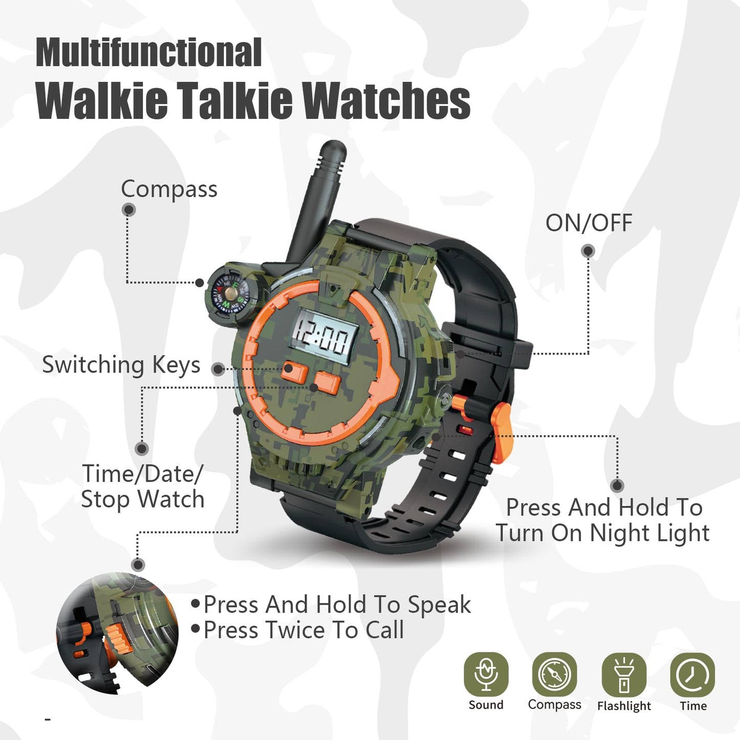 Close up view of the built in flashlight and integrated compass function on the kids wearable walkie talkie