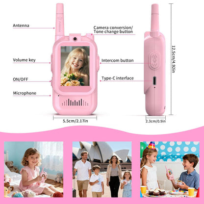 Rechargeable kids video transceiver set showing included accessories and charging cables