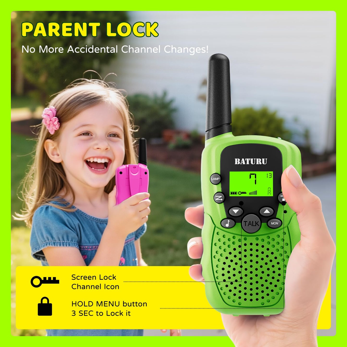 BATURU yellow walkie talkie side profile showing compact child size grip