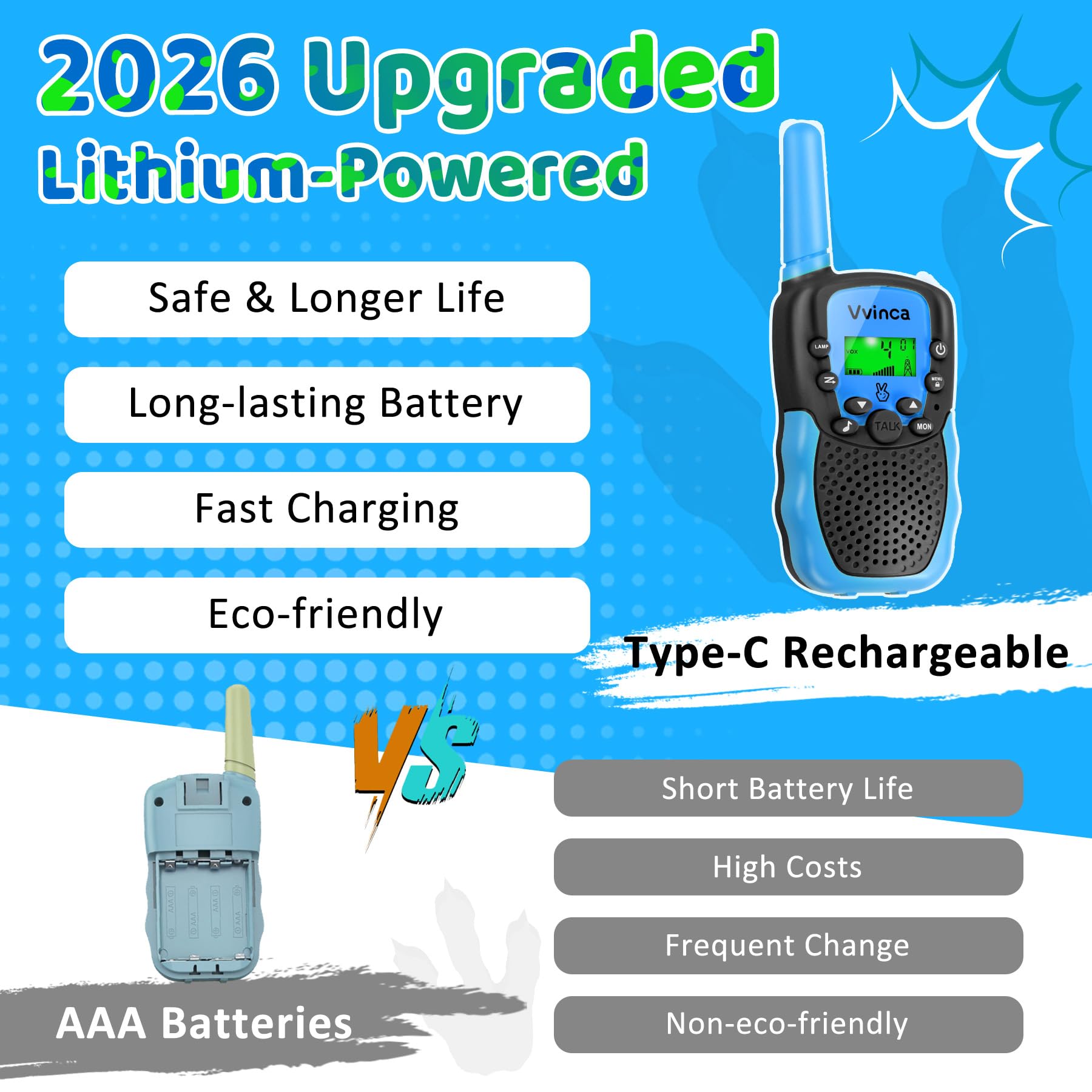 Vvinca kids two way radio devices showing the built in LED flashlight feature active in dim lighting