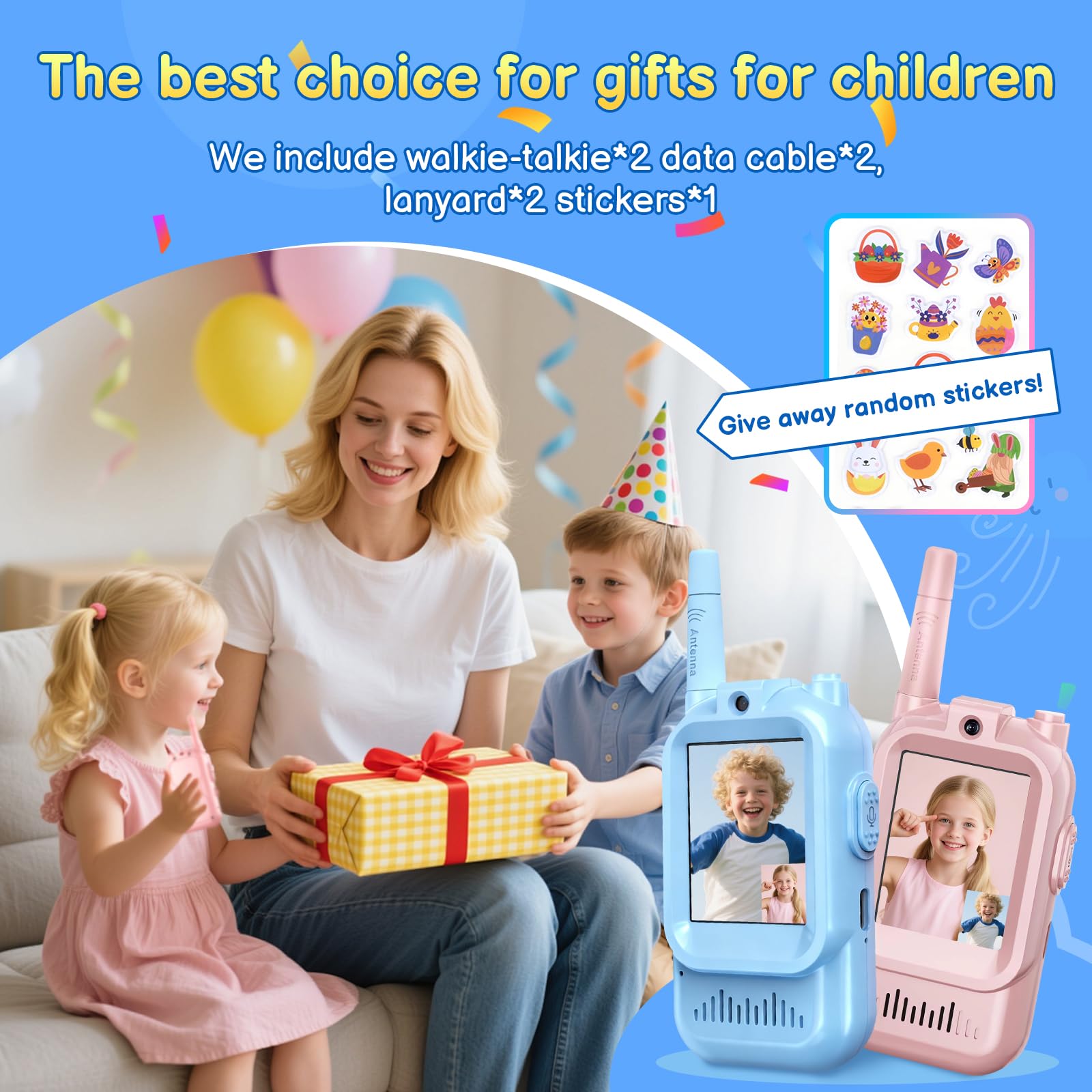 Two pack rechargeable kids video walkie talkies demonstrating real time face to face communication