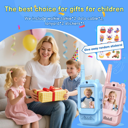 Two pack rechargeable kids video walkie talkies demonstrating real time face to face communication