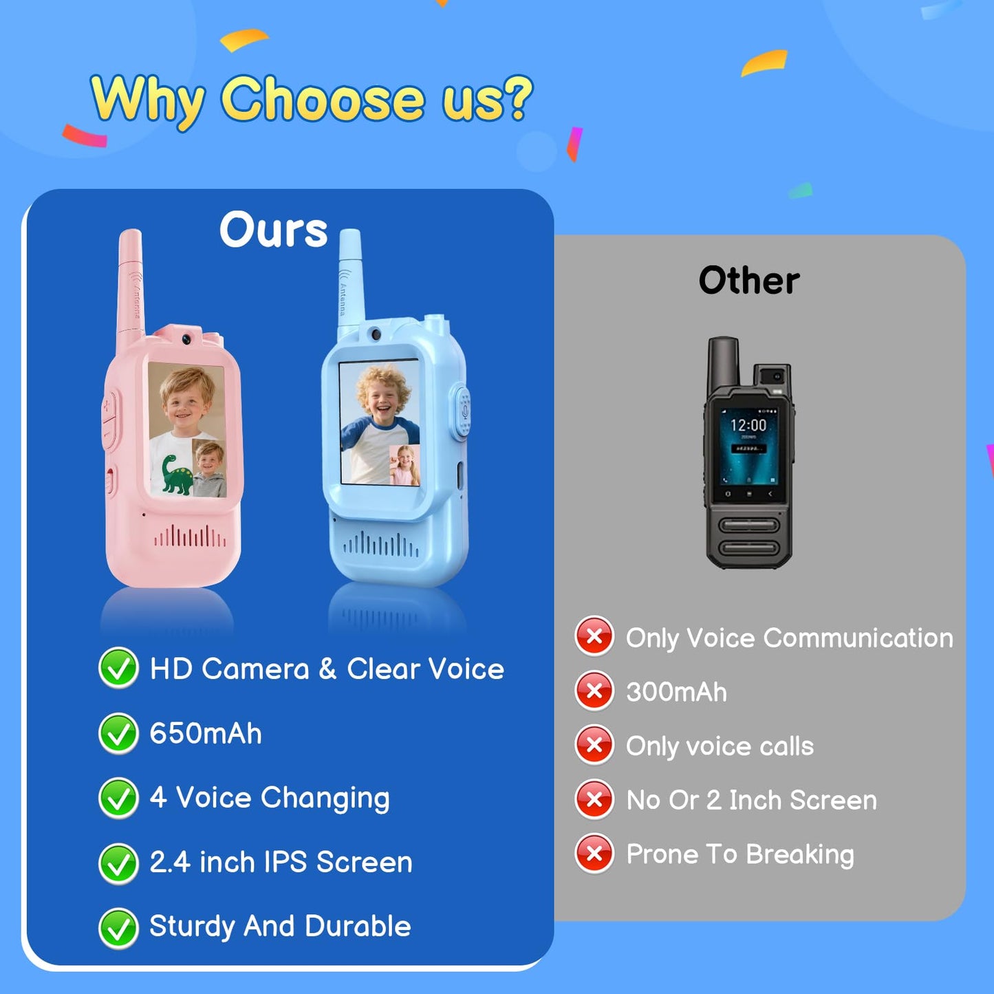 USA imported video walkie talkie gift box packaging displaying both communication handsets