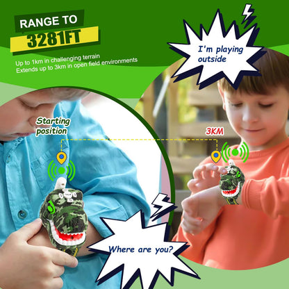 Wearable kids two way radio toy attached to an adjustable dinosaur footprint wristband
