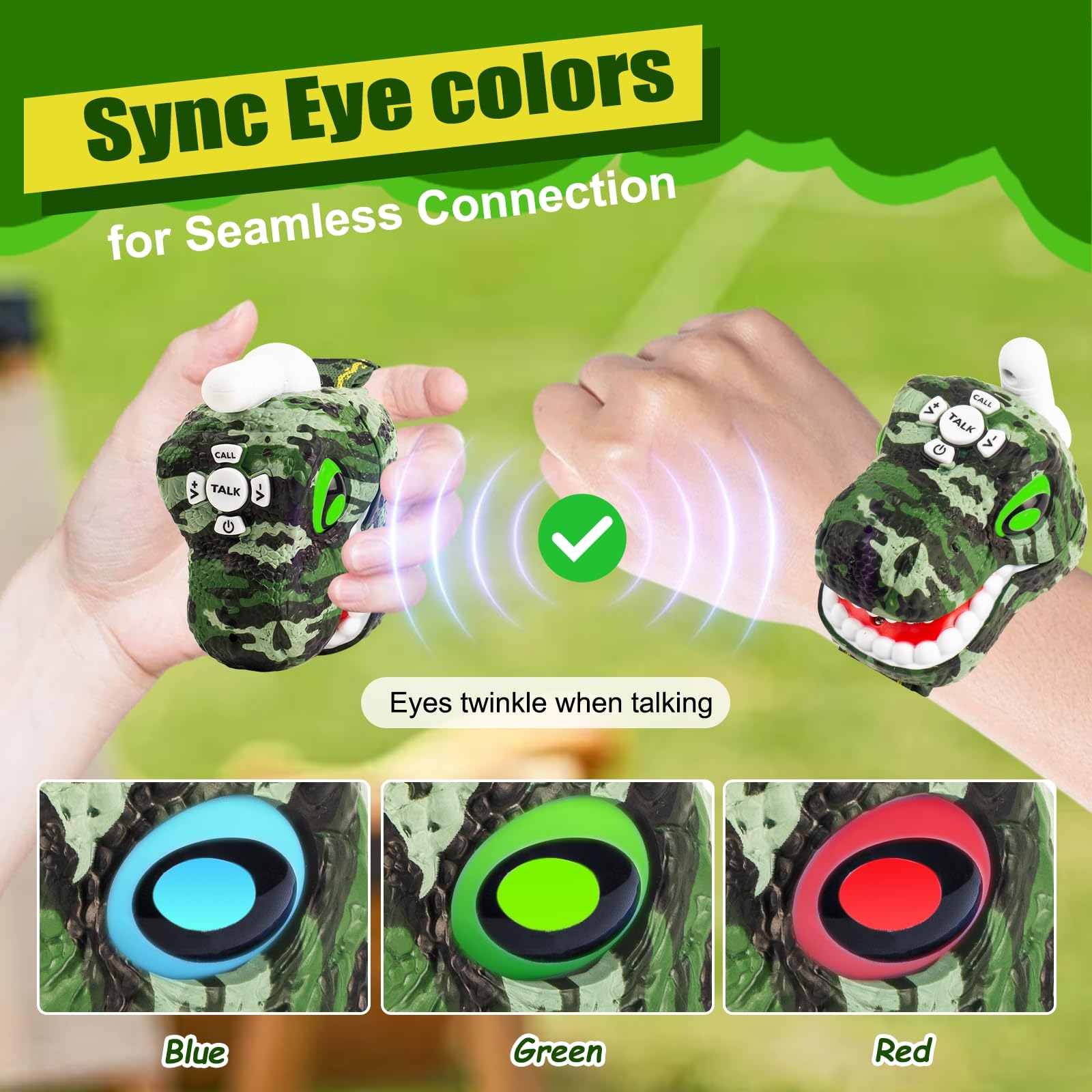 Dinosaur head toy radio showing the glowing eye indicators illuminated in bright colors