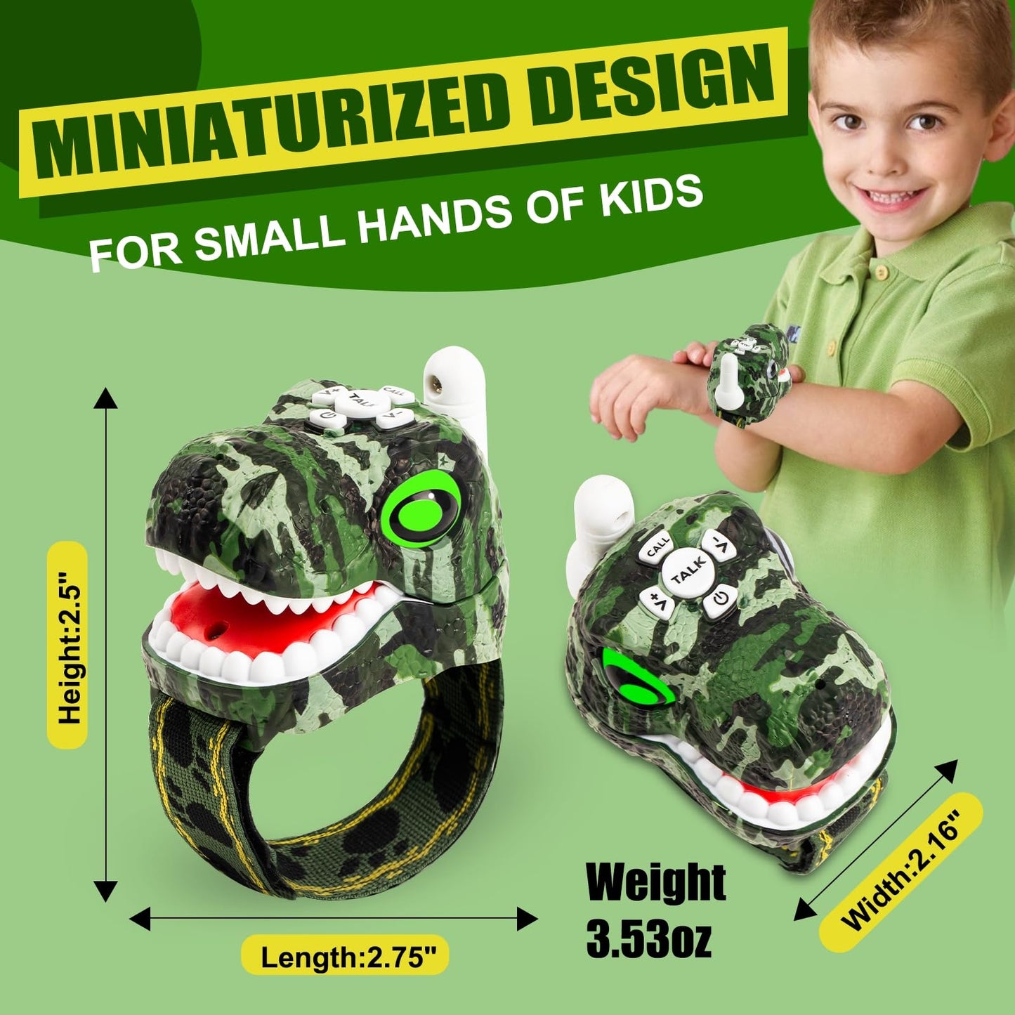Durable green camouflage children walkie talkies being held by a young child outdoors