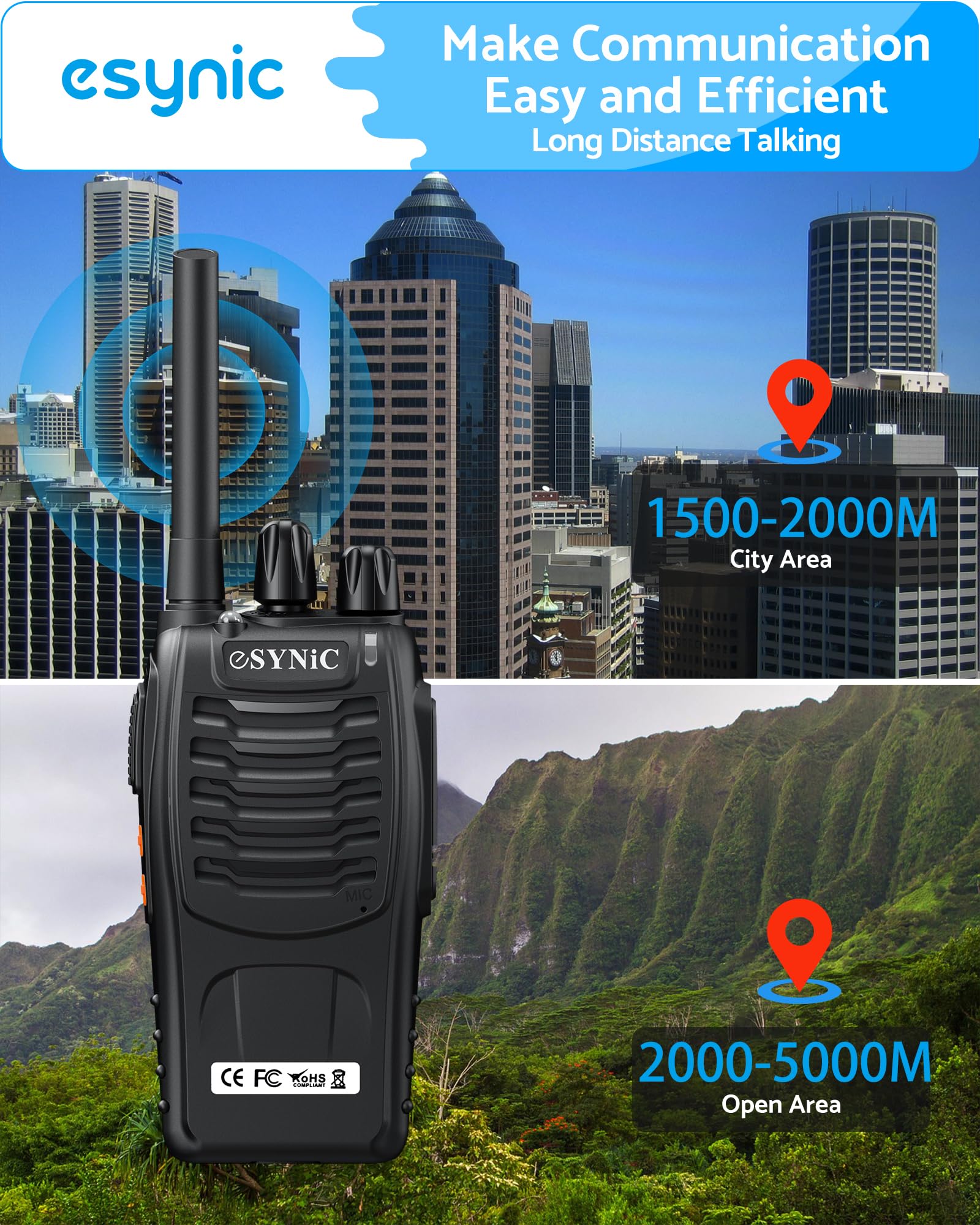 Handheld portable walkie talkie featuring the integrated bright LED flashlight illuminated for emergency use