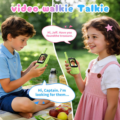 Two pack rechargeable children walkie talkies with built in camera displayed on flat surface.