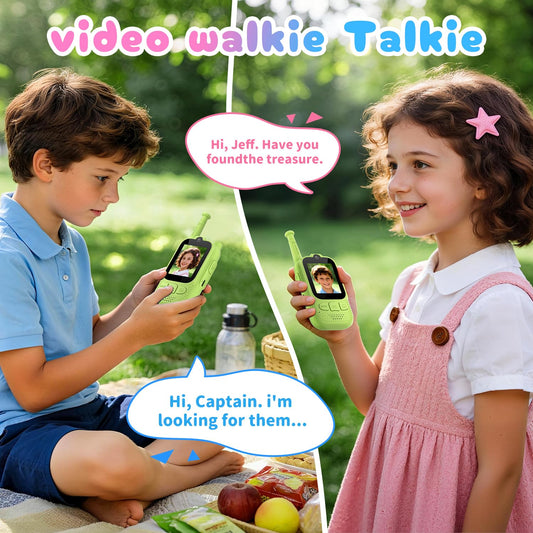 Two pack rechargeable children walkie talkies with built in camera displayed on flat surface.