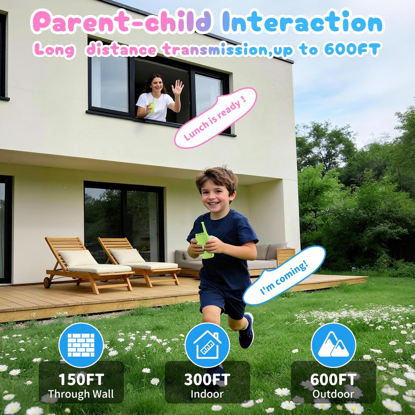 FieGsom long range toy walkie talkie set for boys and girls showing side button configuration.