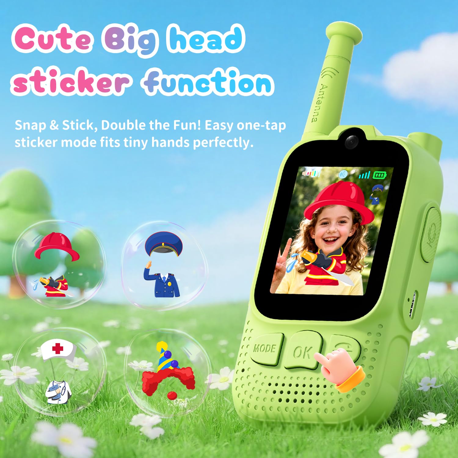 Green rechargeable electronic intercom toys for indoor and outdoor family camping games.