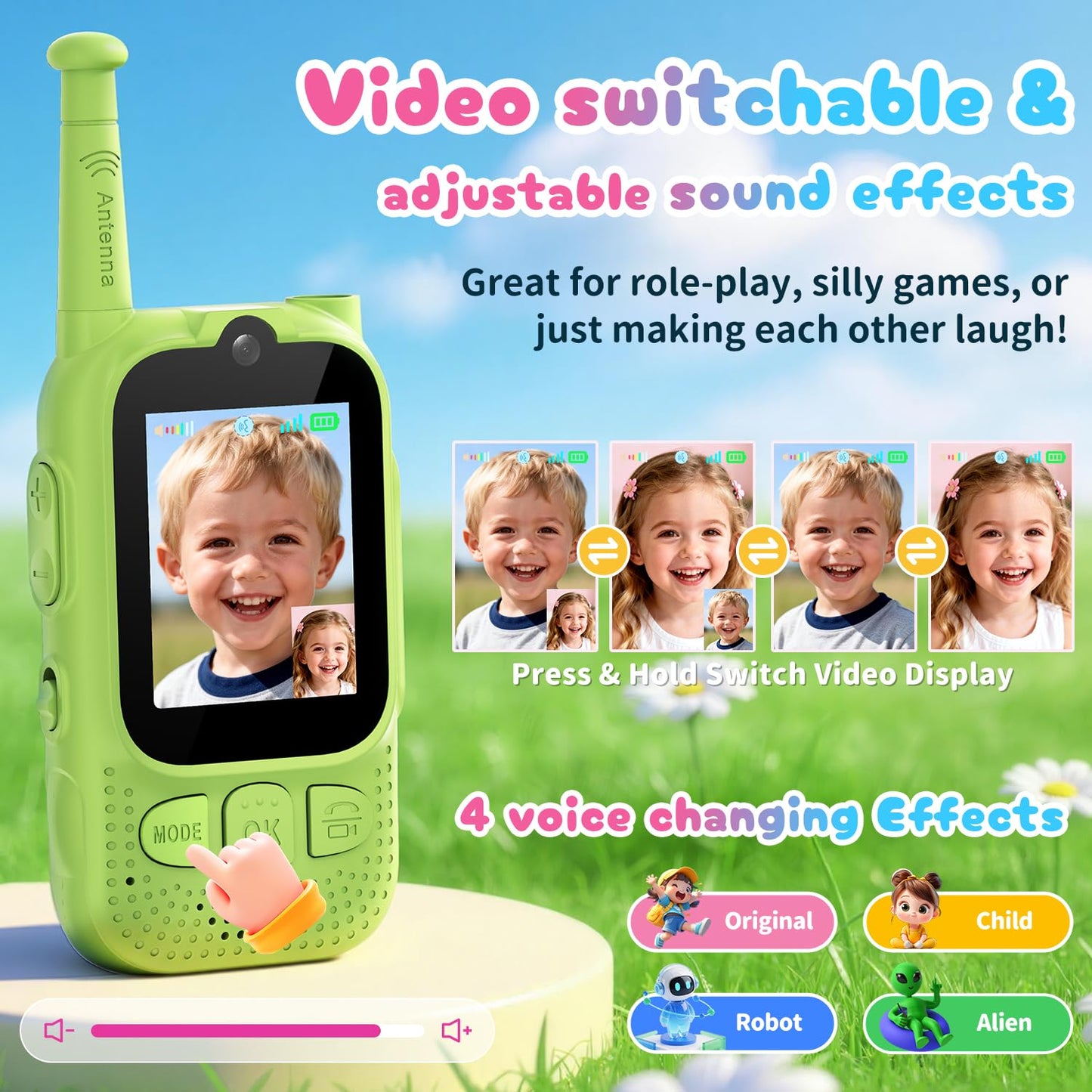Durable shockproof kid walkie talkies with color display screen and camera lens.