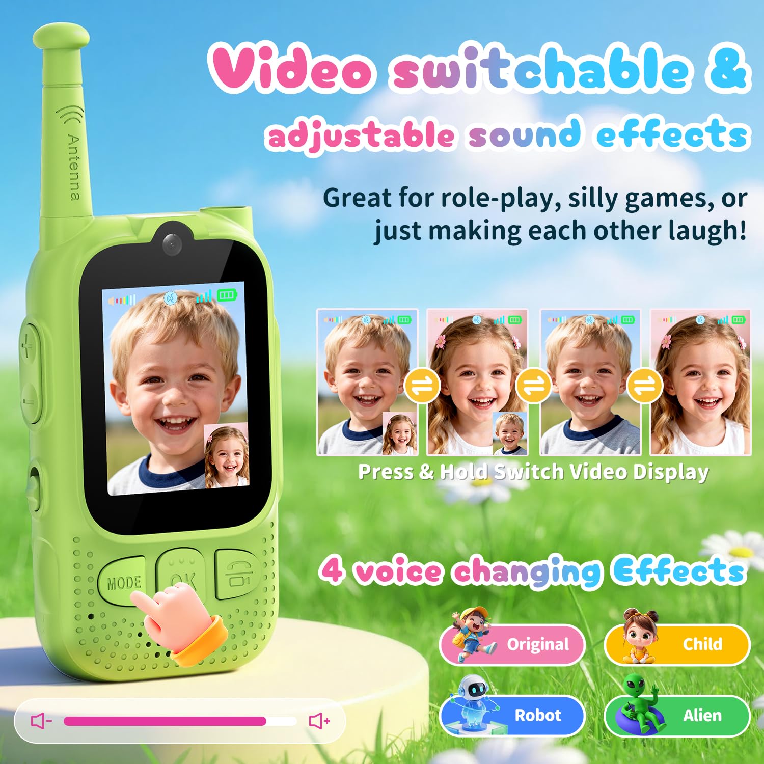 Durable shockproof kid walkie talkies with color display screen and camera lens.