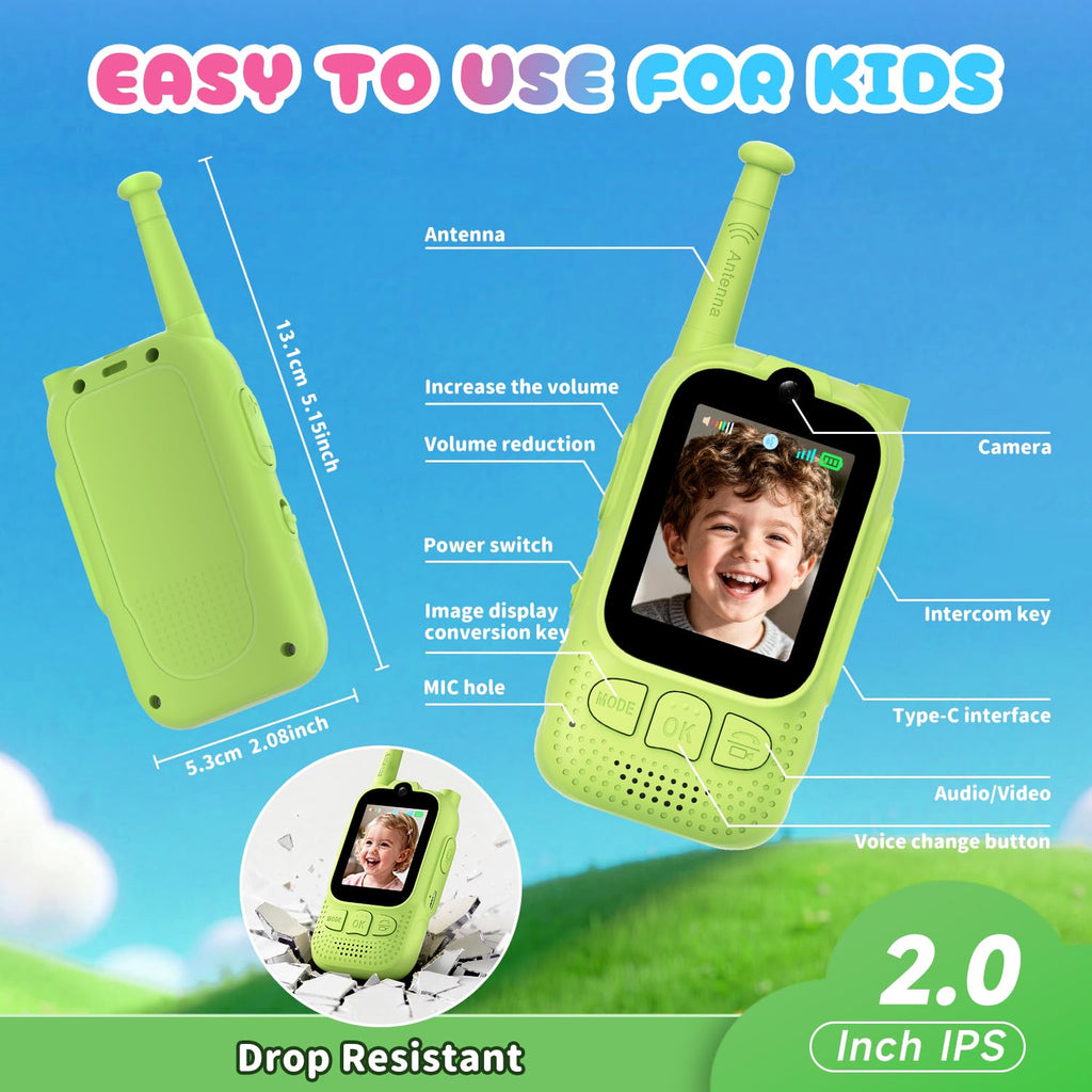 Handheld video transceiver set for children displaying compact ergonomic design.