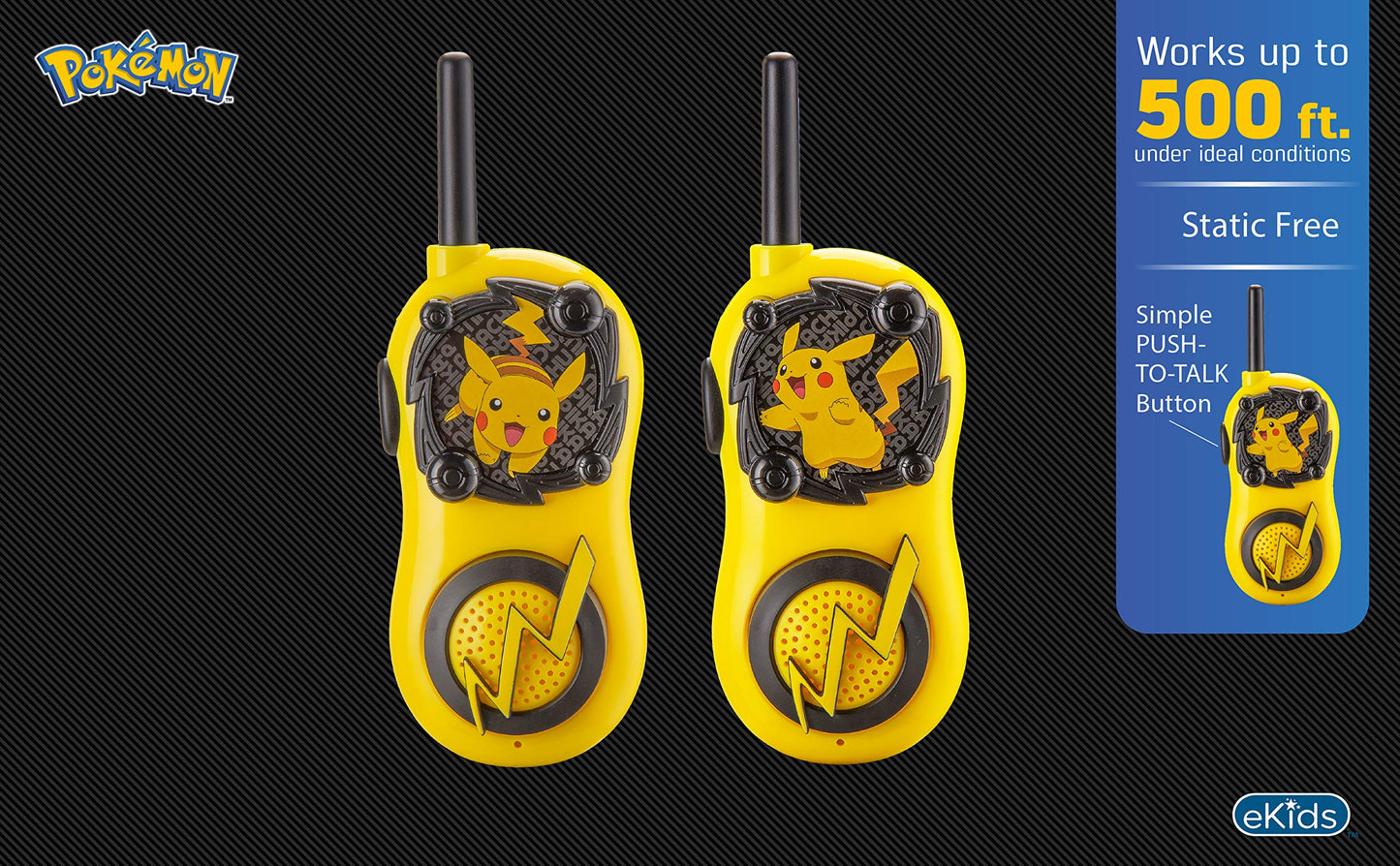 Side profile of eKids Pokemon walkie talkie highlighting the easy push to talk button