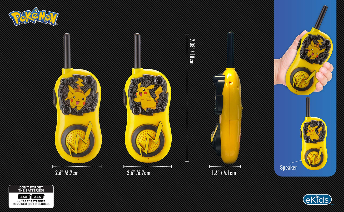 Close up of Pikachu graphic layout and lightning bolt speaker covers on eKids toy