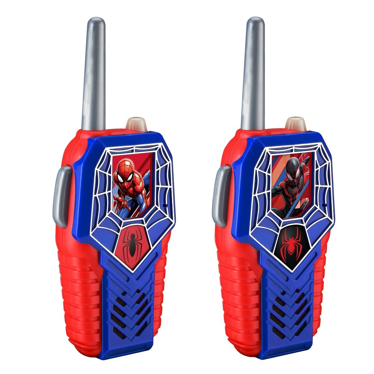Two pack of light up kids walkie talkies featuring SpiderMan and Miles Morales graphics