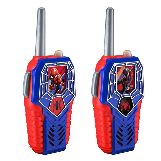 Two pack of light up kids walkie talkies featuring SpiderMan and Miles Morales graphics