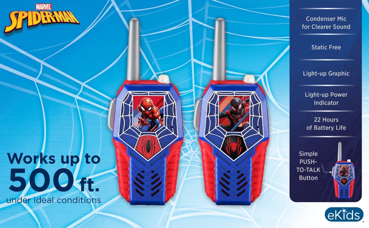 Superhero walkie talkies for kids showing the built in antenna and glowing web graphics