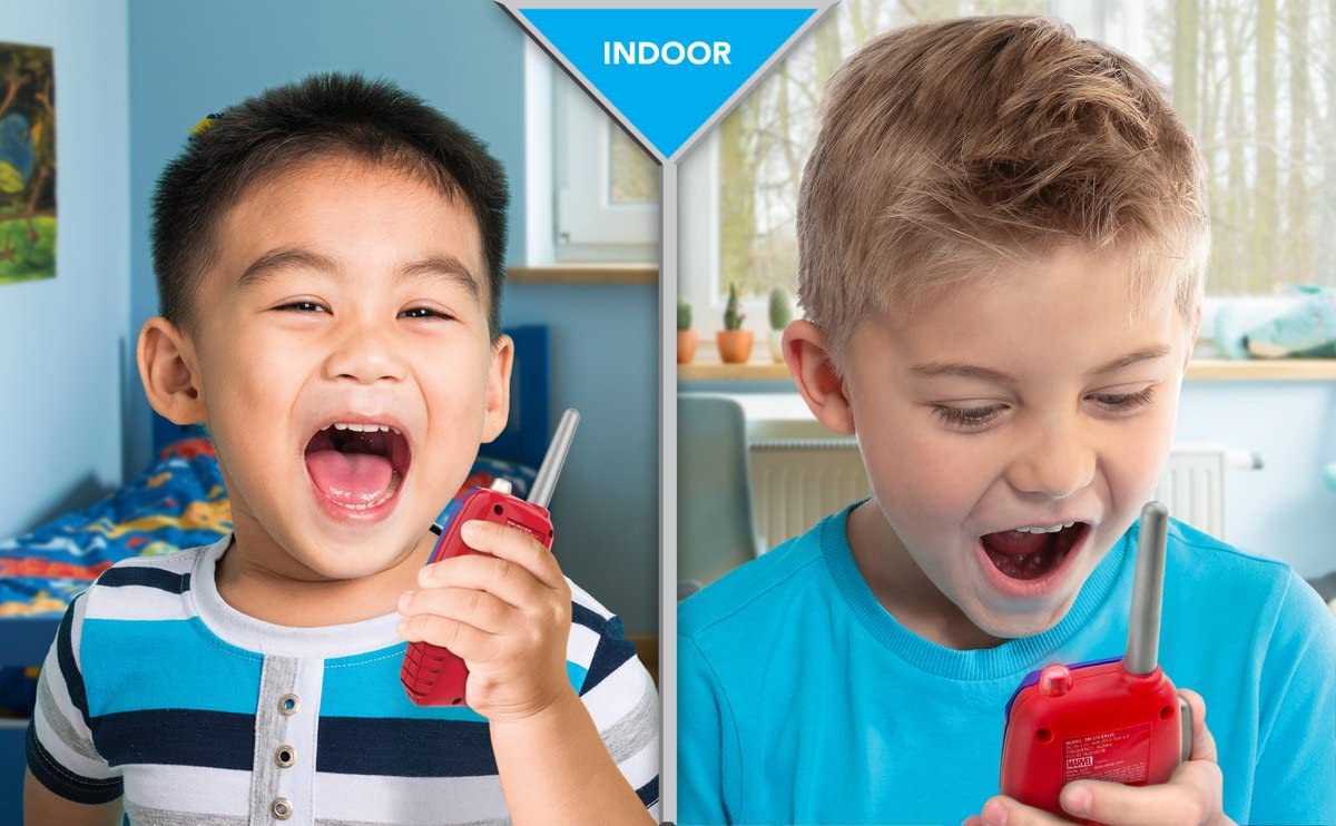 Childrens SpiderMan walkie talkie set being used for outdoor backyard adventure play