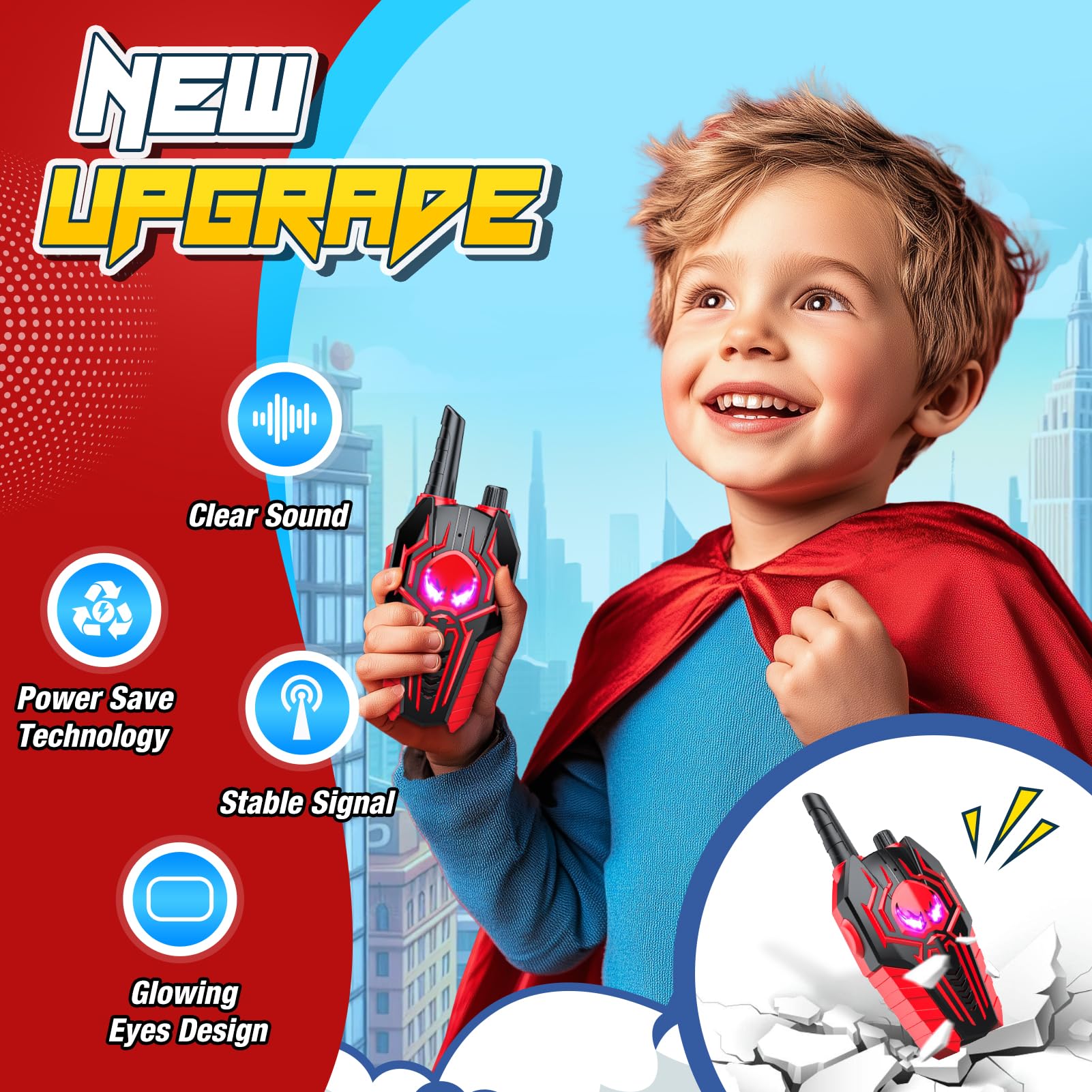Durable ABS plastic children walkie talkie displaying the simple push to talk button