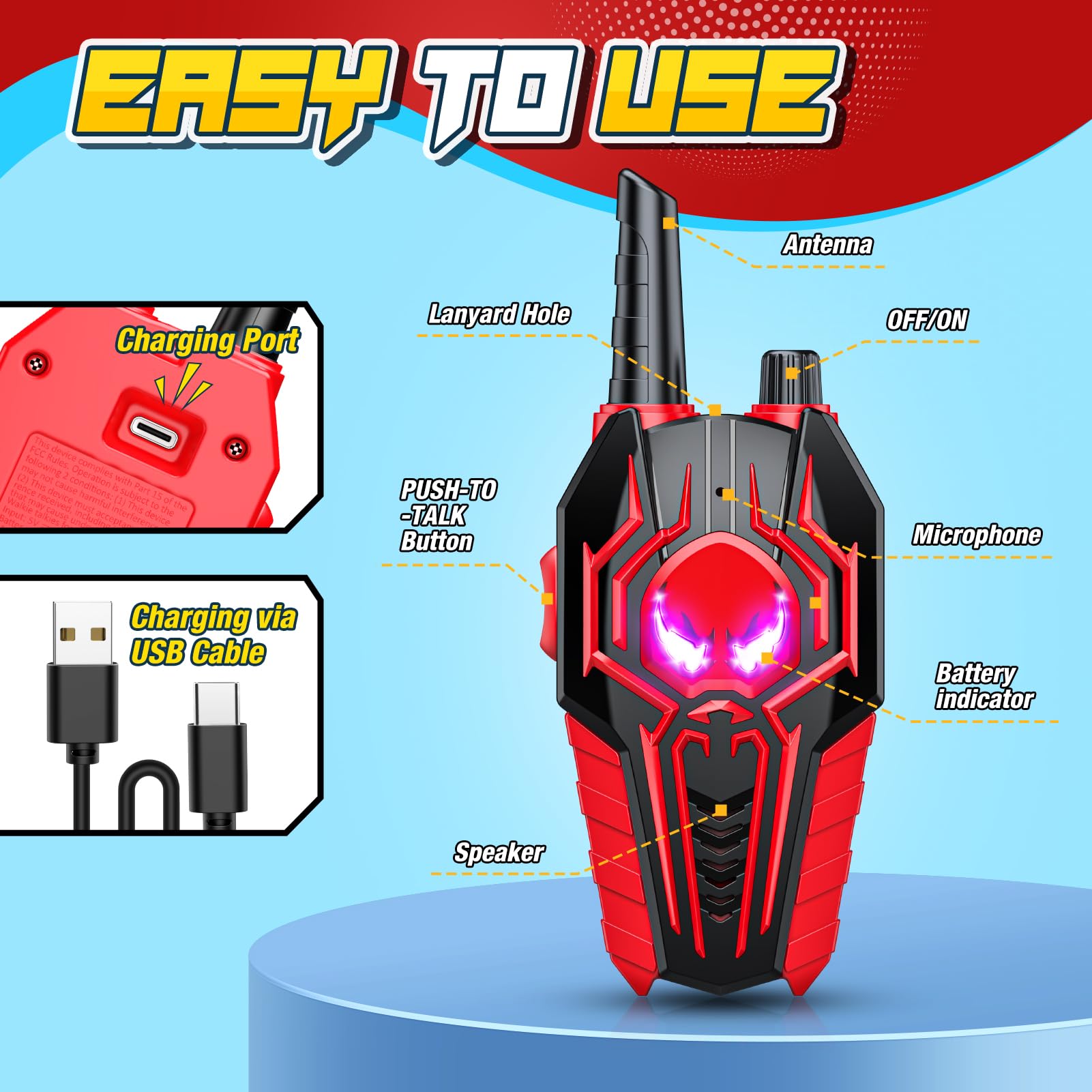 Red and black superhero theme two way radio toy for long range backyard play