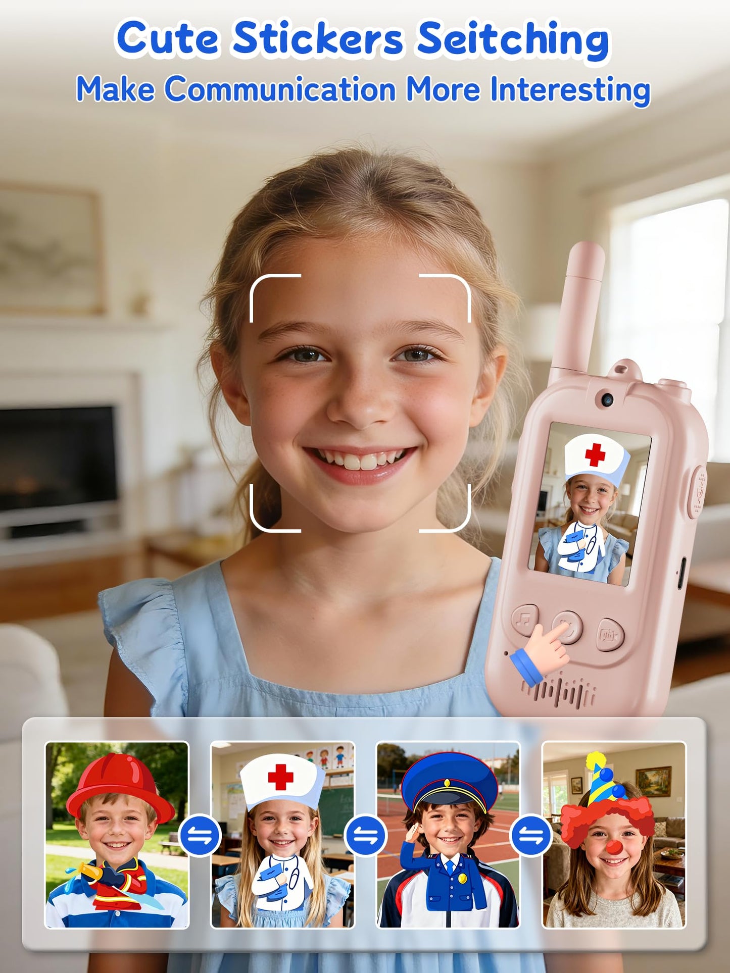 Fabeto long range children walkie talkies being held by hand with lanyards attached