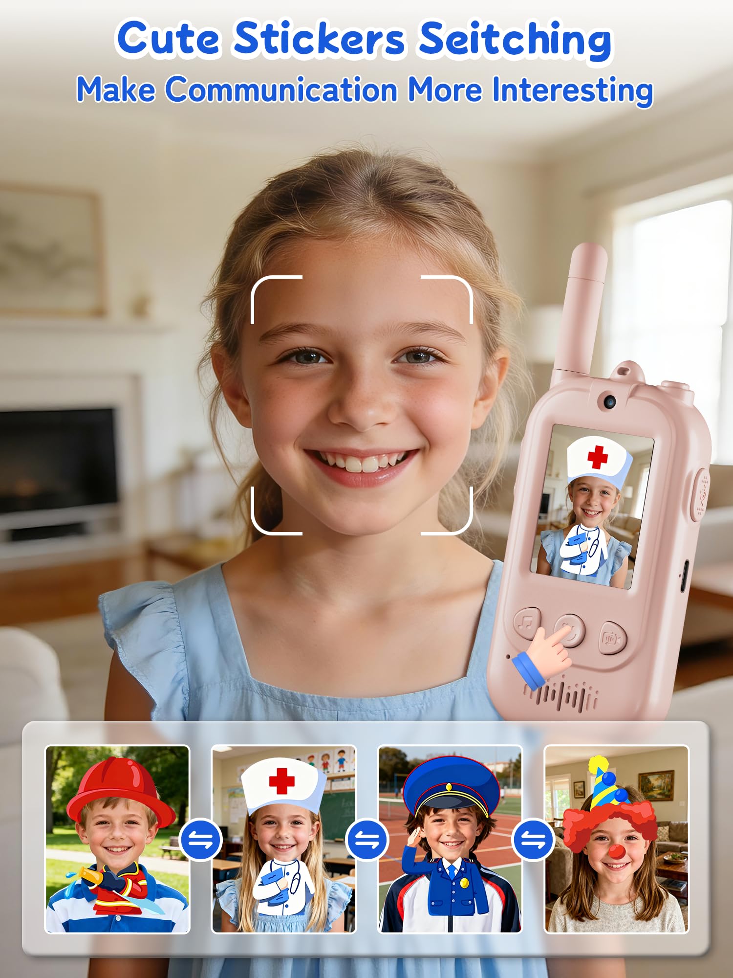 Fabeto long range children walkie talkies being held by hand with lanyards attached