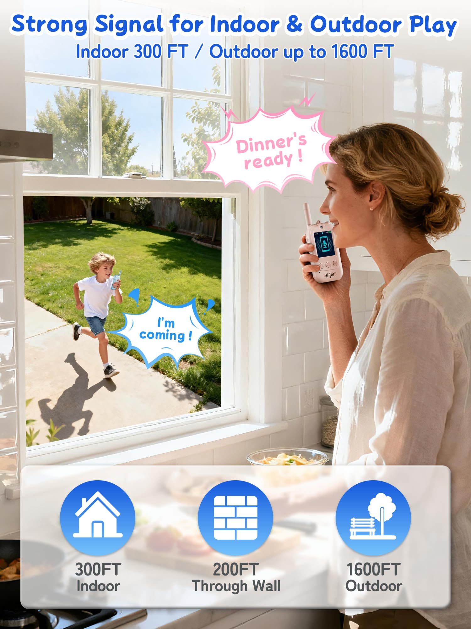 Fabeto smart video walkie talkies blue and pink set standing upright on a flat surface